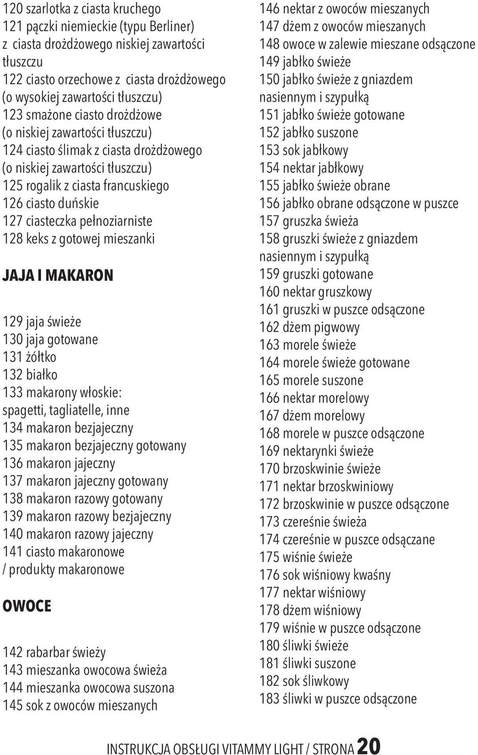 pełnoziarniste 128 keks z gotowej mieszanki JAJA I MAKARON 129 jaja świeże 130 jaja gotowane 131 żółtko 132 białko 133 makarony włoskie: spagetti, tagliatelle, inne 134 makaron bezjajeczny 135