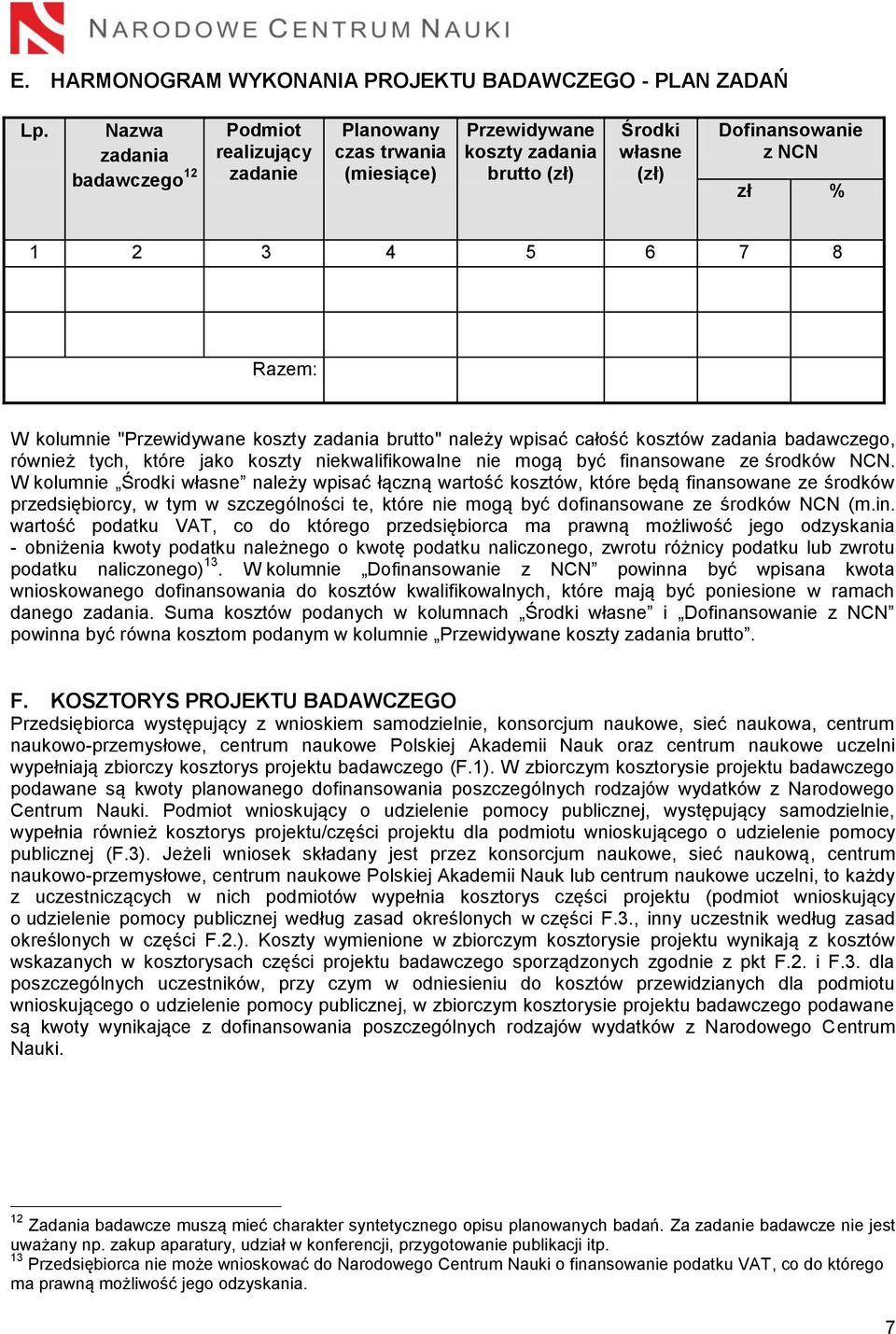 kolumnie "Przewidywane koszty zadania brutto" należy wpisać całość kosztów zadania badawczego, również tych, które jako koszty niekwalifikowalne nie mogą być finansowane ze środków NCN.