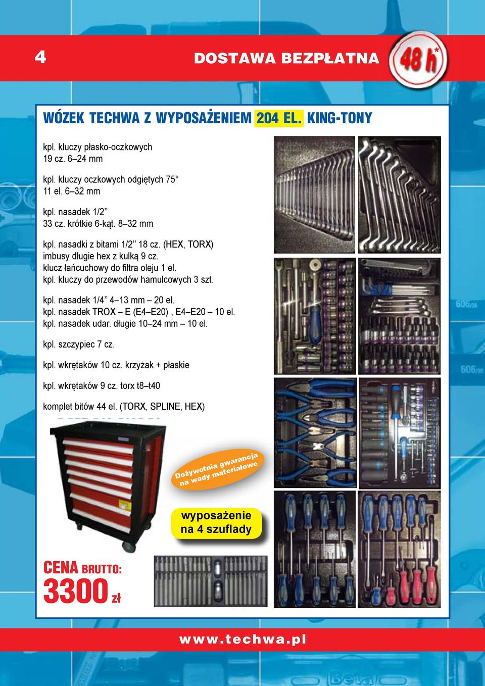 kpl. nasadek 1/4 4 13 mm 20 el. kpl. nasadek TROX E (E4 E20), E4 E20 10 el. kpl. nasadek udar. długie 10 24 mm 10 el. kpl. szczypiec 7 cz. kpl. wkrętaków 10 cz.