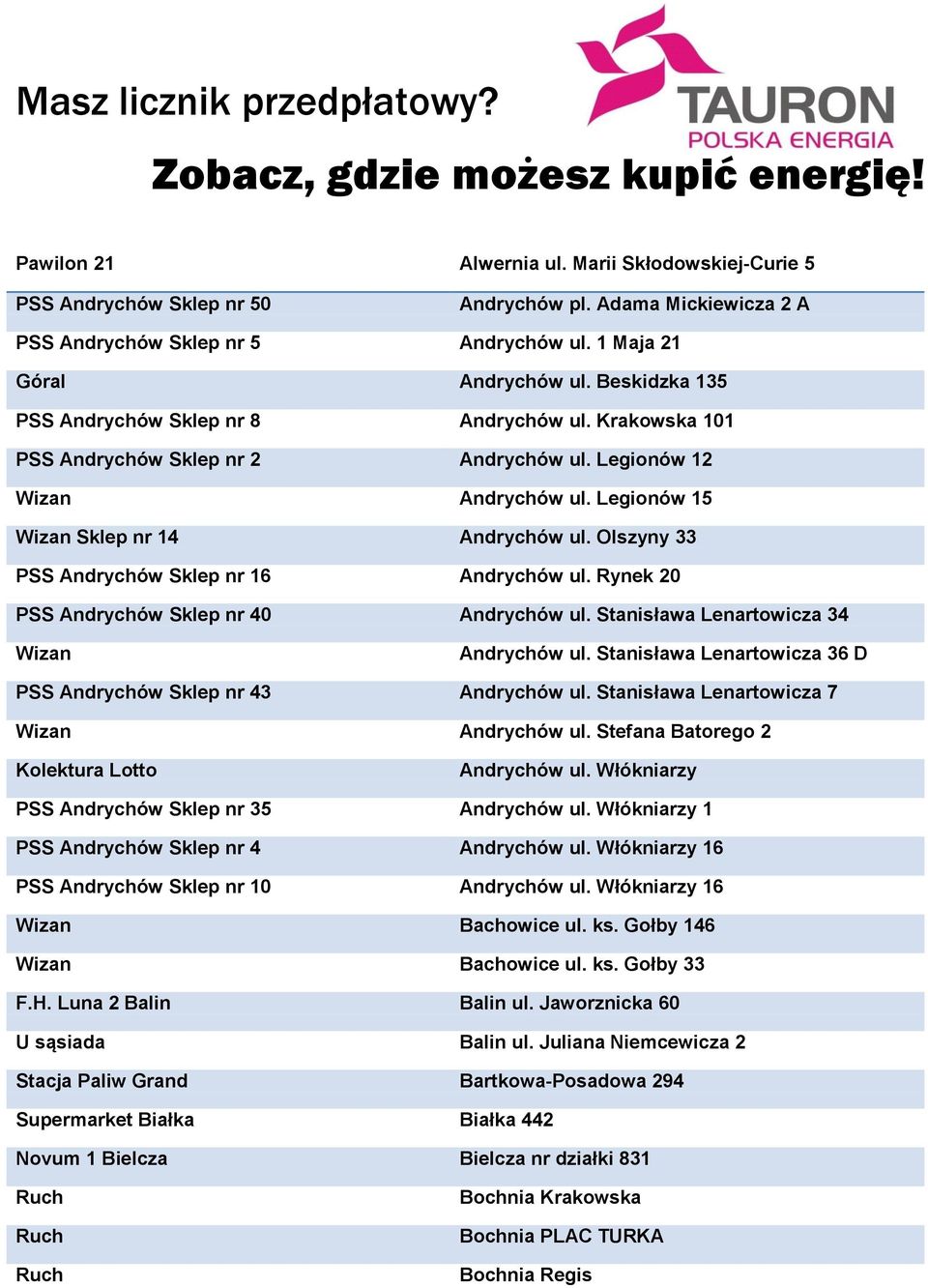 Legionów 12 Andrychów ul. Legionów 15 Sklep nr 14 Andrychów ul. Olszyny 33 PSS Andrychów Sklep nr 16 Andrychów ul. Rynek 20 PSS Andrychów Sklep nr 40 Andrychów ul.