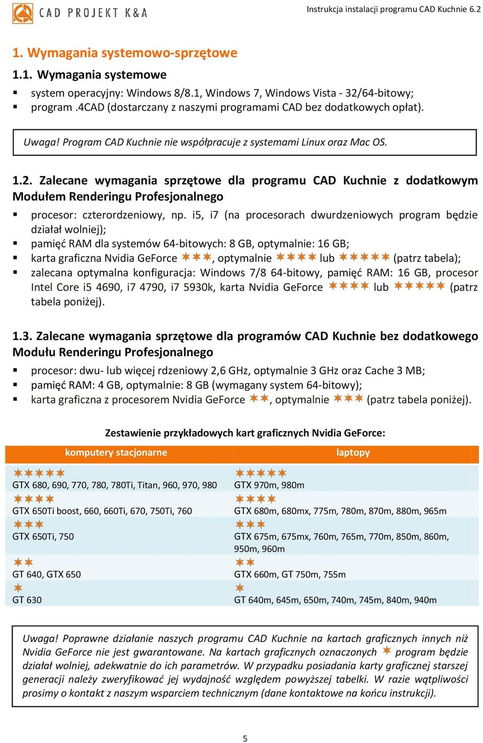 Zalecane wymagania sprzętowe dla programu CAD Kuchnie z dodatkowym Modułem Renderingu Profesjonalnego procesor: czterordzeniowy, np.