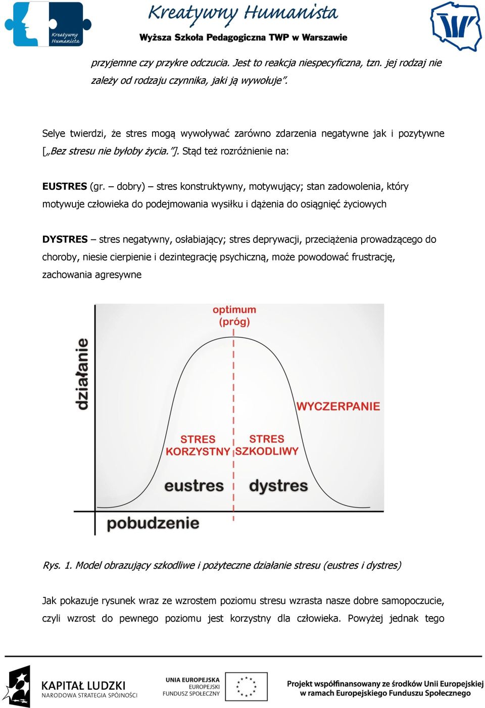 dobry) stres konstruktywny, motywujący; stan zadowolenia, który motywuje człowieka do podejmowania wysiłku i dążenia do osiągnięć życiowych DYSTRES stres negatywny, osłabiający; stres deprywacji,