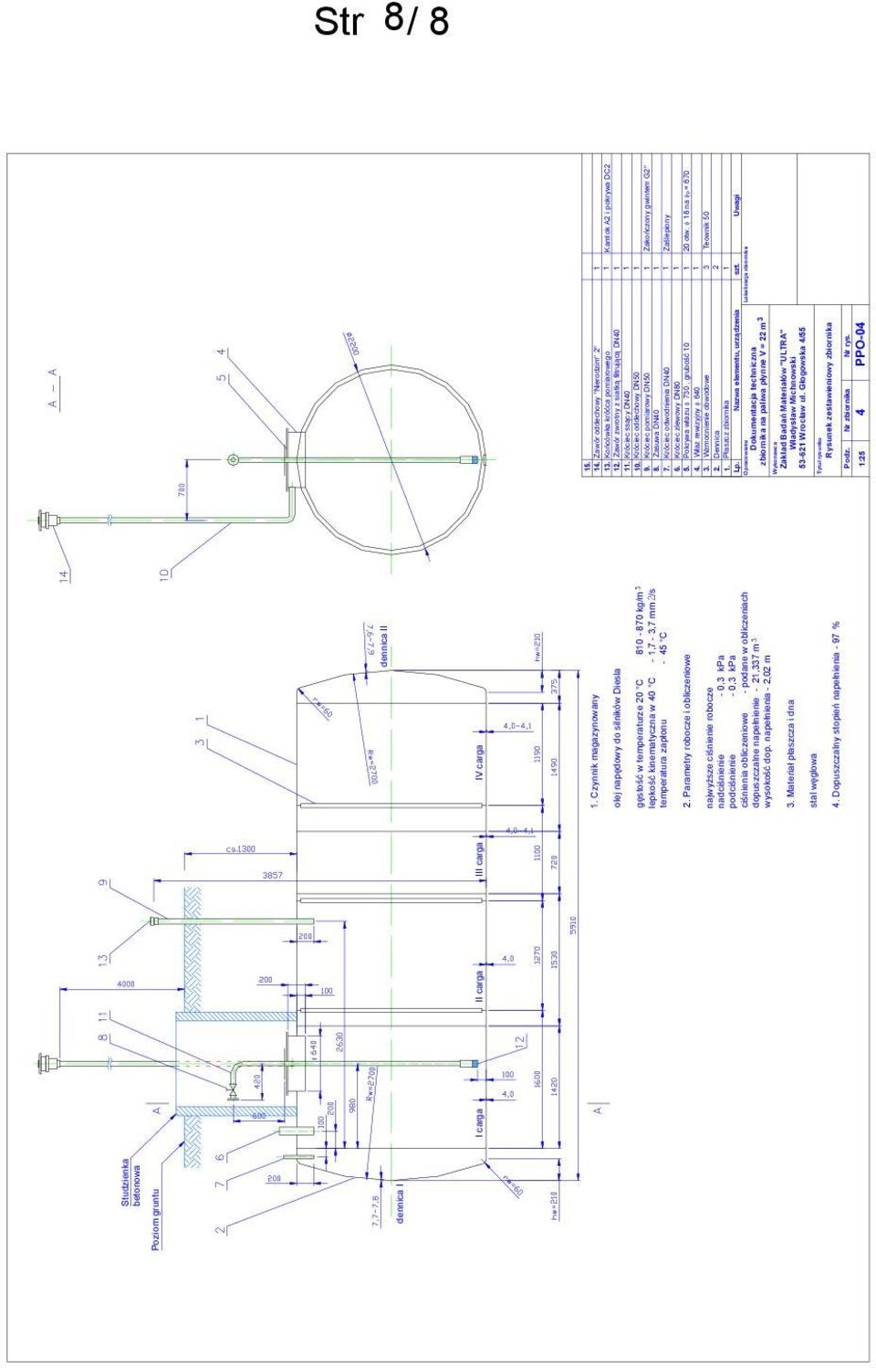 Parametry robocze i obliczeniowe najwyższe ciśnienie robocze nadciśnienie - 0,3 kpa podciśnienie - 0,3 kpa ciśnienia obliczeniowe - podane w obliczeniach dopuszczalne napełnienie - 2,337 m wysokość