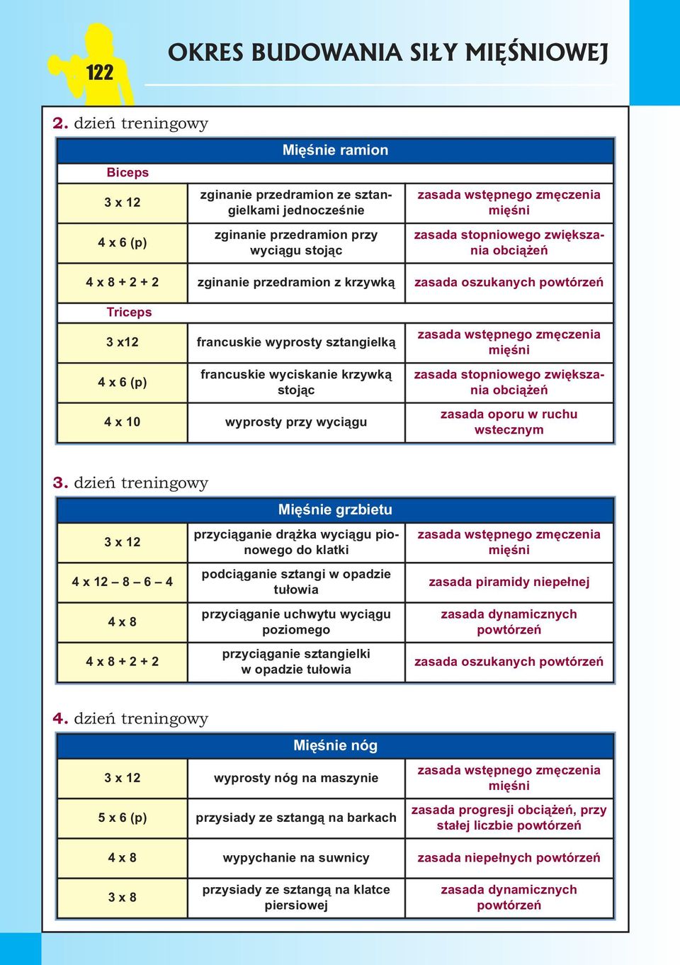 stopniowego zwiększania obciążeń 4 x 8 + 2 + 2 zginanie przedramion z krzywką zasada oszukanych powtórzeń Triceps 3 x12 francuskie wyprosty sztangielką 4 x 6 (p) francuskie wyciskanie krzywką stojąc