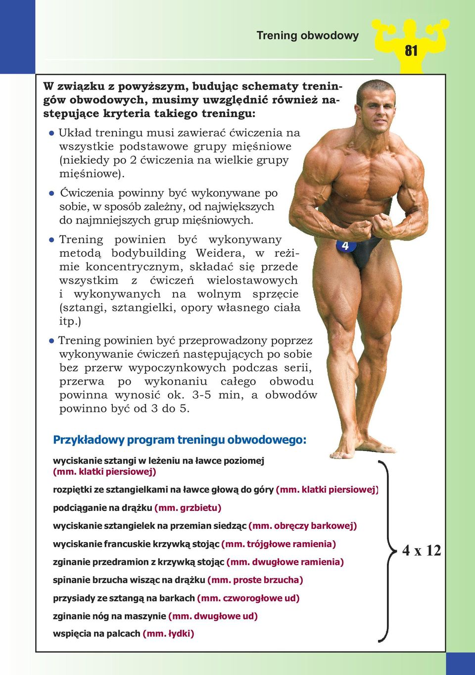 Trening powinien być wykonywany metodą bodybuilding Weidera, w reżimie koncentrycznym, składać się przede wszystkim z ćwiczeń wielostawowych i wykonywanych na wolnym sprzęcie (sztangi, sztangielki,