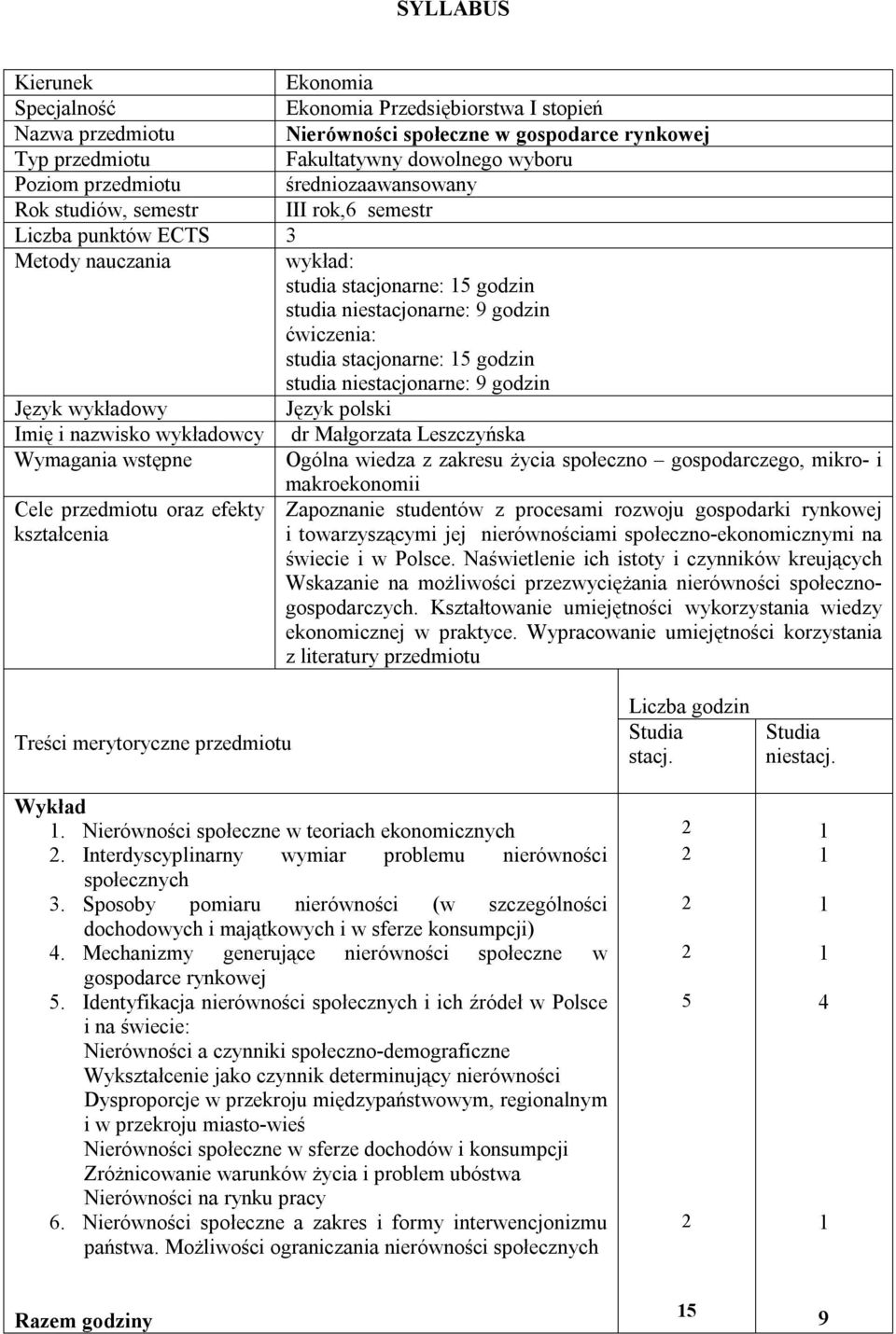 godzin studia niestacjonarne: 9 godzin Język wykładowy Język polski Imię i nazwisko wykładowcy dr Małgorzata Leszczyńska Wymagania wstępne Ogólna wiedza z zakresu życia społeczno gospodarczego,