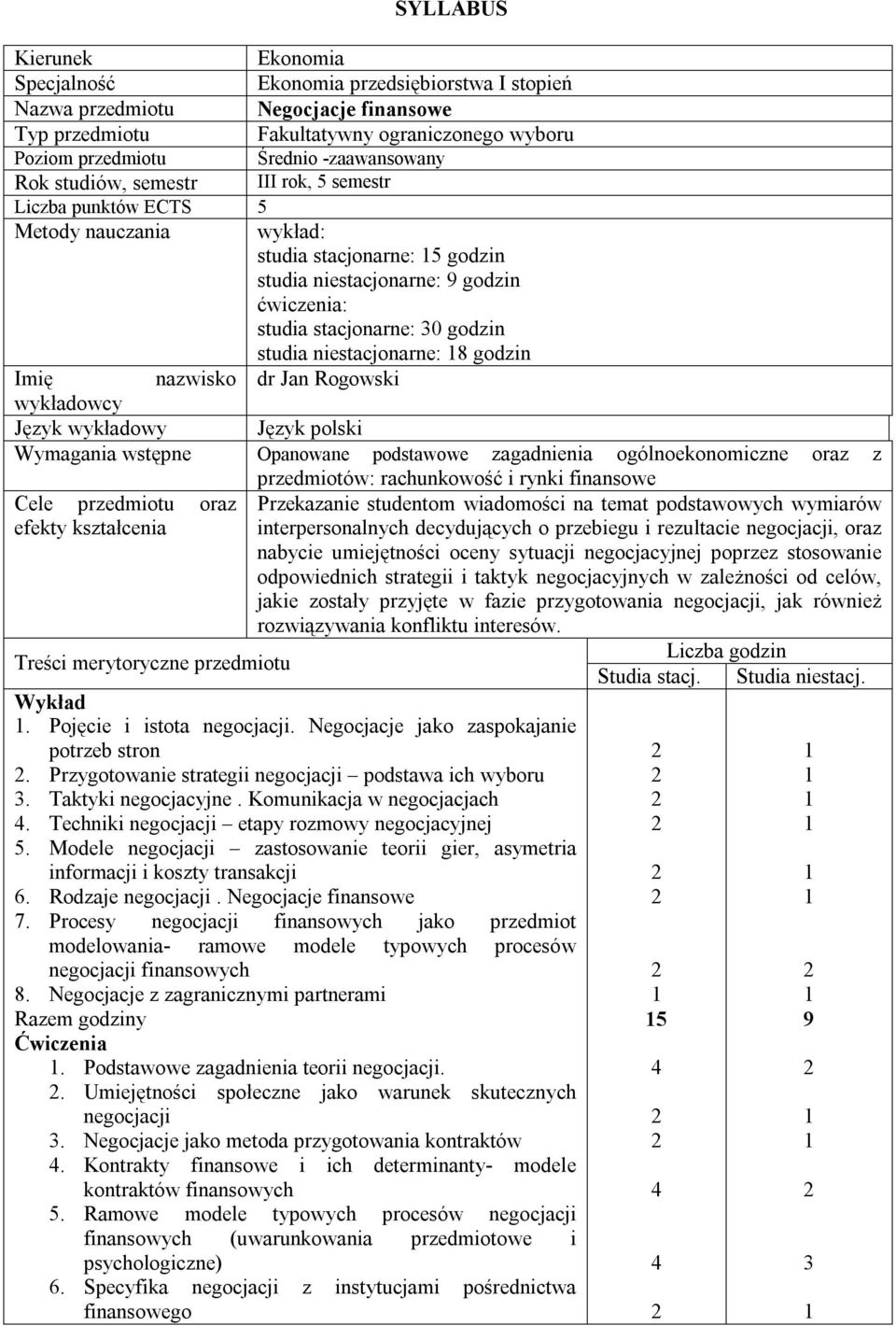 godzin studia niestacjonarne: 8 godzin Imię nazwisko dr Jan Rogowski wykładowcy Język wykładowy Język polski Wymagania wstępne Opanowane podstawowe zagadnienia ogólnoekonomiczne oraz z przedmiotów: