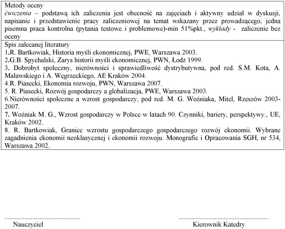 . Dobrobyt społeczny, nierówności i sprawiedliwość dystrybutywna, pod red. S.M. Kota, A. Malawskiego i A. Węgrzeckiego, AE Kraków 004. 4.R. Piasecki, Ekonomia rozwoju, PWN, Warszawa 007. 5. R.