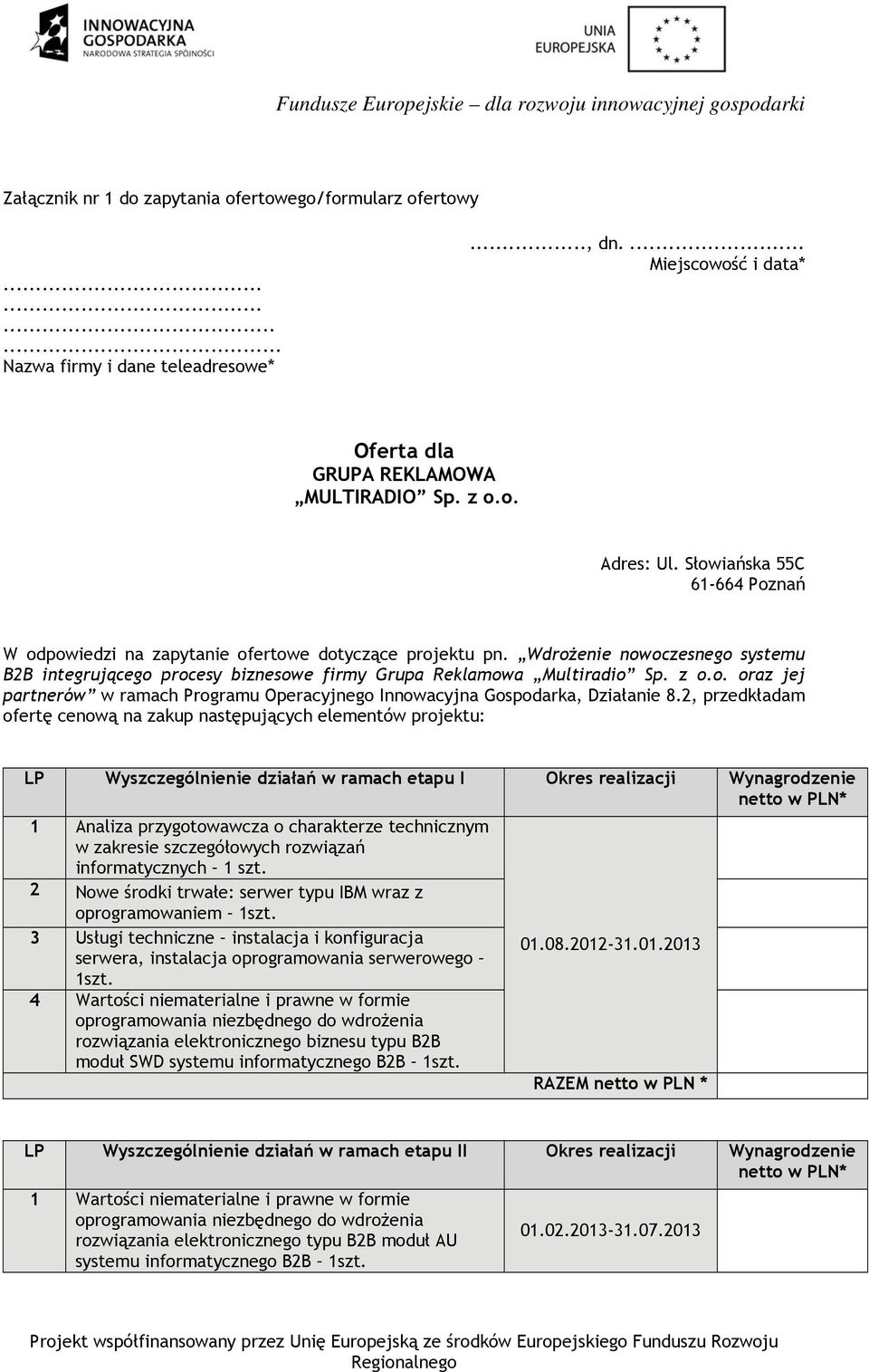 2, przedkładam ofertę cenową na zakup następujących elementów projektu: LP Wyszczególnienie działań w ramach etapu I Okres realizacji Wynagrodzenie netto w PLN* 1 Analiza przygotowawcza o charakterze