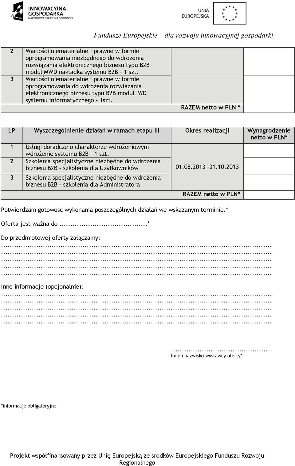 RAZEM netto w PLN * LP Wyszczególnienie działań w ramach etapu III Okres realizacji Wynagrodzenie netto w PLN* 1 Usługi doradcze o charakterze wdrożeniowym wdrożenie systemu B2B 1 szt.