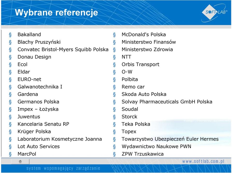 MarcPol McDonald's Polska Ministerstwo Finansów Ministerstwo Zdrowia NTT Orbis Transport O-W Polbita Remo car Skoda Auto Polska Solvay