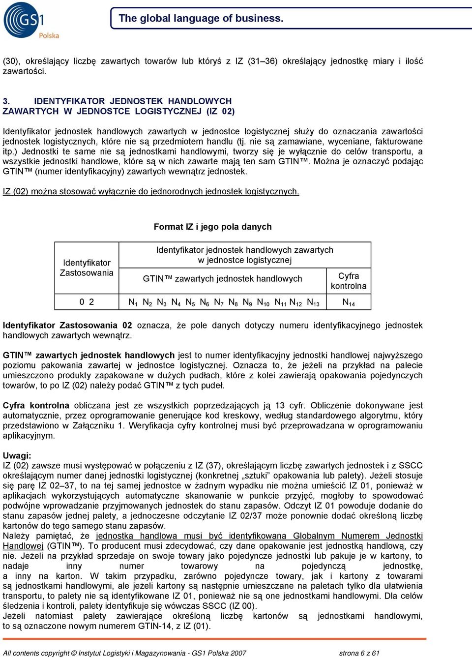 IDENTYFIKATOR JEDNOSTEK HANDLOWYCH ZAWARTYCH W JEDNOSTCE LOGISTYCZNEJ (IZ 02) jednostek handlowych zawartych w jednostce logistycznej służy do oznaczania zawartości jednostek logistycznych, które nie