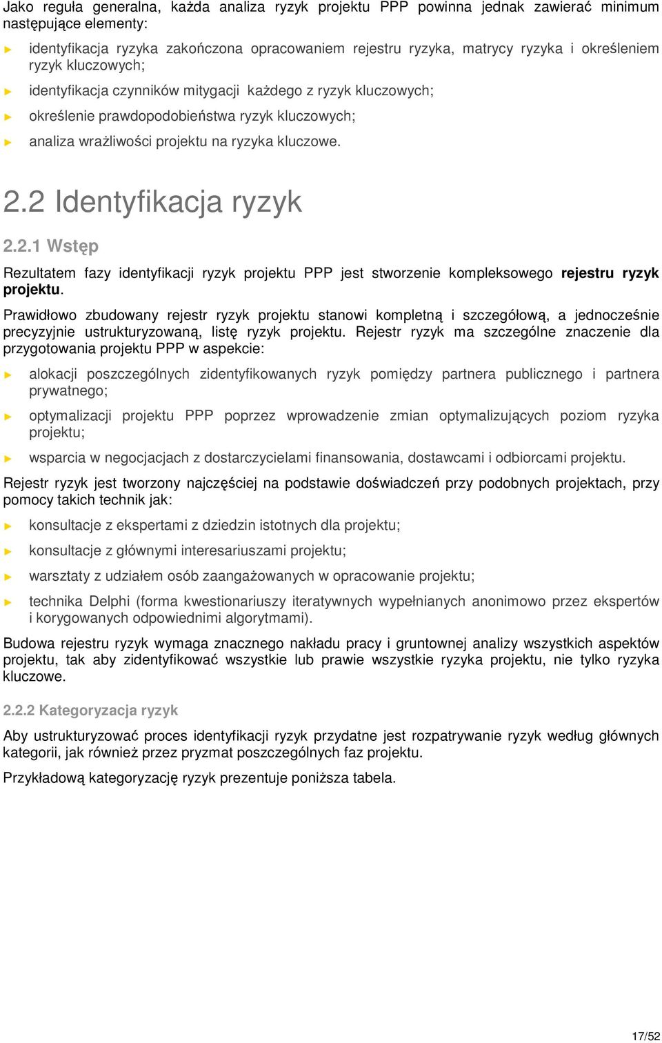 2 Identyfikacja ryzyk 2.2.1 Wstęp Rezultatem fazy identyfikacji ryzyk projektu PPP jest stworzenie kompleksowego rejestru ryzyk projektu.