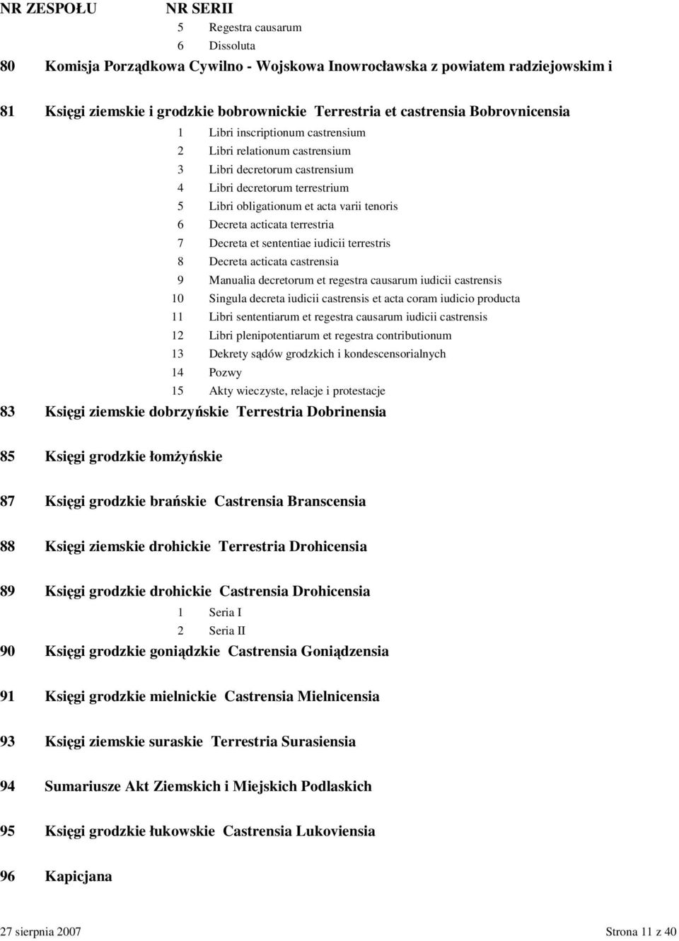 Decreta et sententiae iudicii terrestris 8 Decreta acticata castrensia 9 Manualia decretorum et regestra causarum iudicii castrensis 10 Singula decreta iudicii castrensis et acta coram iudicio