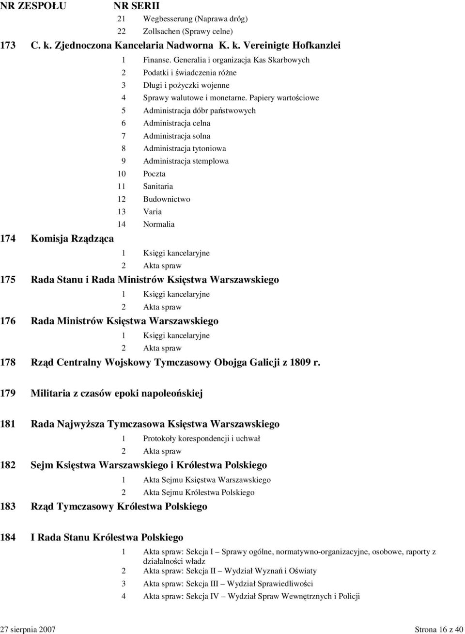 Papiery wartociowe 5 Administracja dóbr pastwowych 6 Administracja celna 7 Administracja solna 8 Administracja tytoniowa 9 Administracja stemplowa 10 Poczta 11 Sanitaria 12 Budownictwo 13 Varia 14