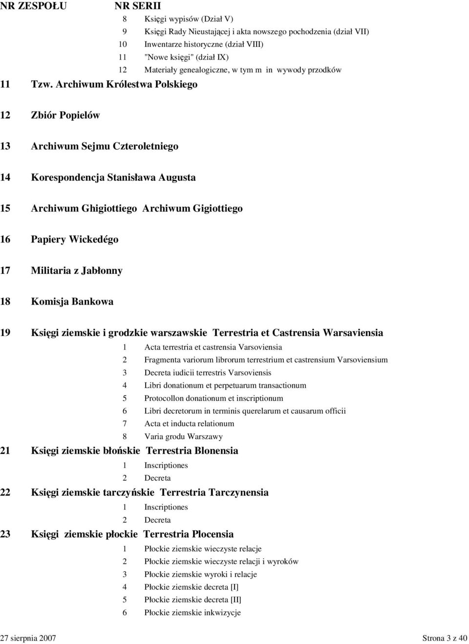 Archiwum Gigiottiego 16 Papiery Wickedégo 17 Militaria z Jabłonny 18 Komisja Bankowa 19 Ksigi ziemskie i grodzkie warszawskie Terrestria et Castrensia Warsaviensia 1 Acta terrestria et castrensia