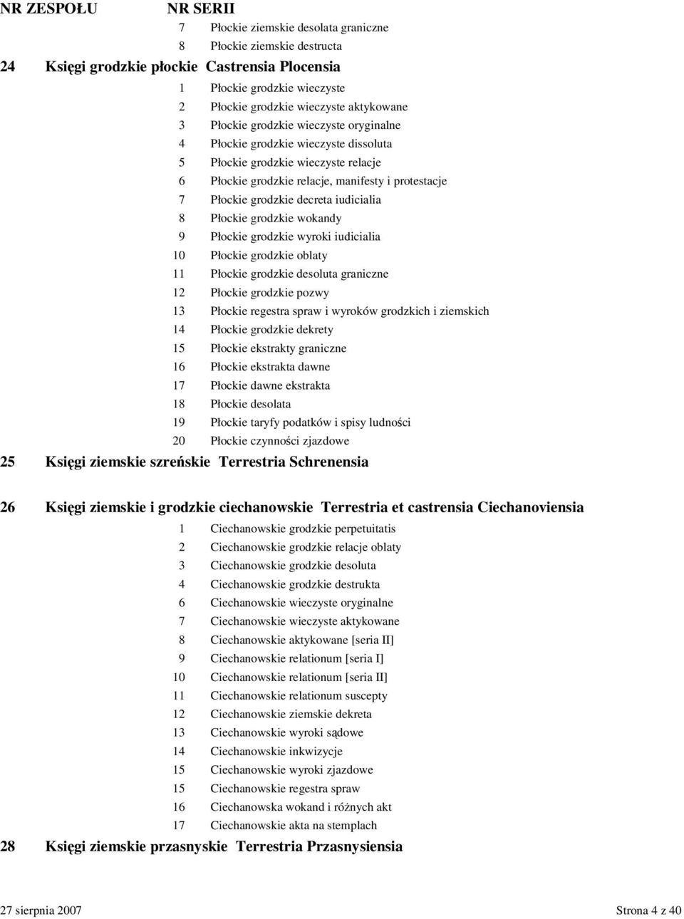 Płockie grodzkie wokandy 9 Płockie grodzkie wyroki iudicialia 10 Płockie grodzkie oblaty 11 Płockie grodzkie desoluta graniczne 12 Płockie grodzkie pozwy 13 Płockie regestra spraw i wyroków grodzkich