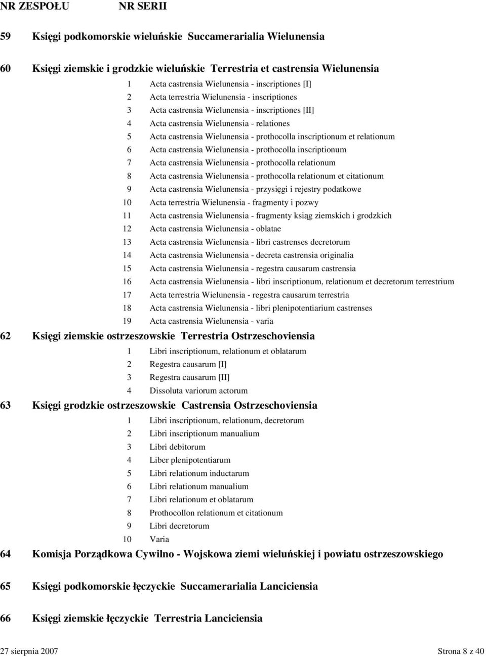 relationum 6 Acta castrensia Wielunensia - prothocolla inscriptionum 7 Acta castrensia Wielunensia - prothocolla relationum 8 Acta castrensia Wielunensia - prothocolla relationum et citationum 9 Acta