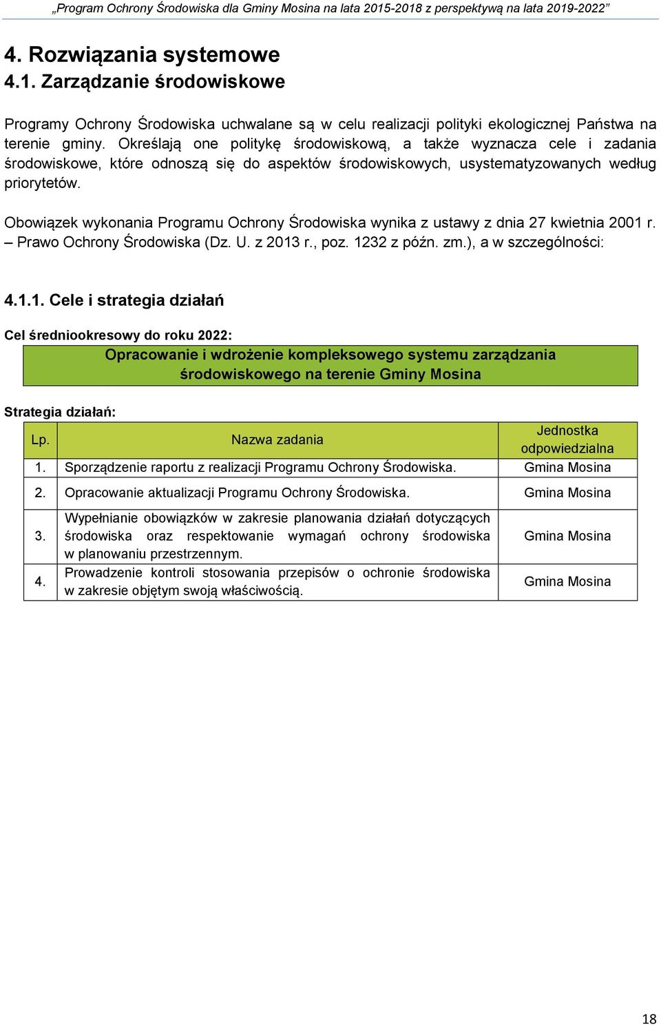 Obowiązek wykonania Programu Ochrony Środowiska wynika z ustawy z dnia 27 kwietnia 2001 