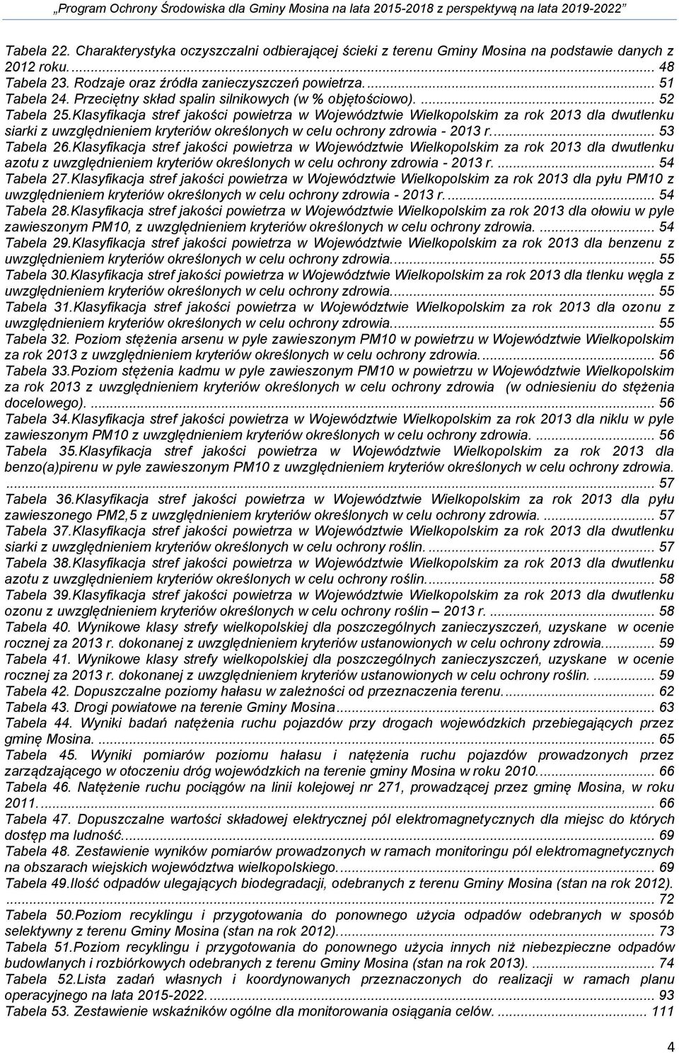 Klasyfikacja stref jakości powietrza w Województwie Wielkopolskim za rok 2013 dla dwutlenku siarki z uwzględnieniem kryteriów określonych w celu ochrony zdrowia - 2013 r.... 53 Tabela 26.