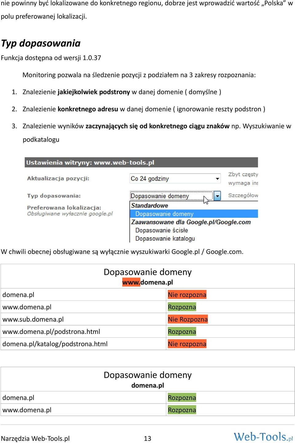 Znalezienie konkretnego adresu w danej domenie ( ignorowanie reszty podstron ) 3. Znalezienie wyników zaczynających się od konkretnego ciągu znaków np.