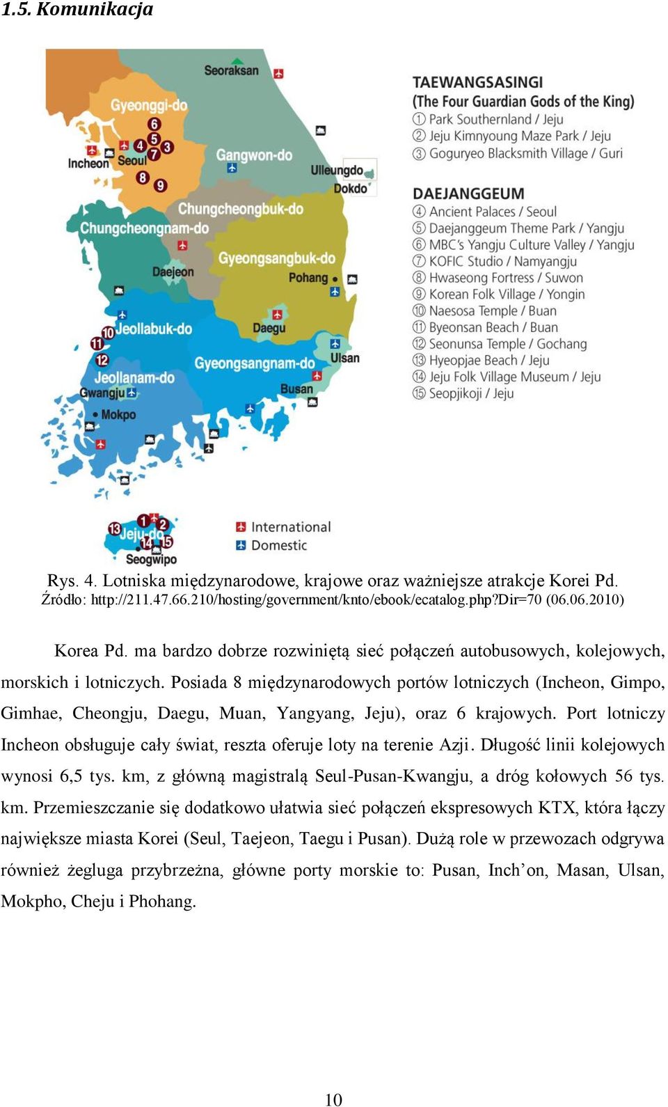 Posiada 8 międzynarodowych portów lotniczych (Incheon, Gimpo, Gimhae, Cheongju, Daegu, Muan, Yangyang, Jeju), oraz 6 krajowych.