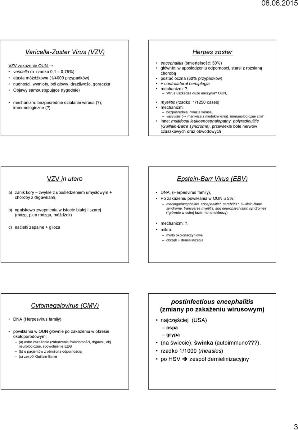 ), immunologiczne (?) Herpes zoster encephalitis (śmiertelność: 30%) głównie: w upośledzeniu odpornosci, starsi z rozsianą chorobą postać oczna (30% przypadków) + contralateral hemiplegia mechanizm:?