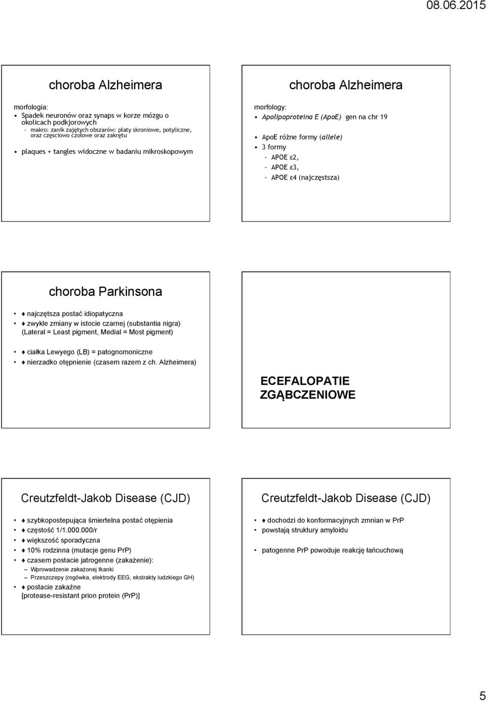 idiopatyczna zwykle zmiany w istocie czarnej (substantia nigra) (Lateral = Least pigment, Medial = Most pigment) ciałka Lewyego (LB) = patognomoniczne nierzadko otępnienie (czasem razem z ch.