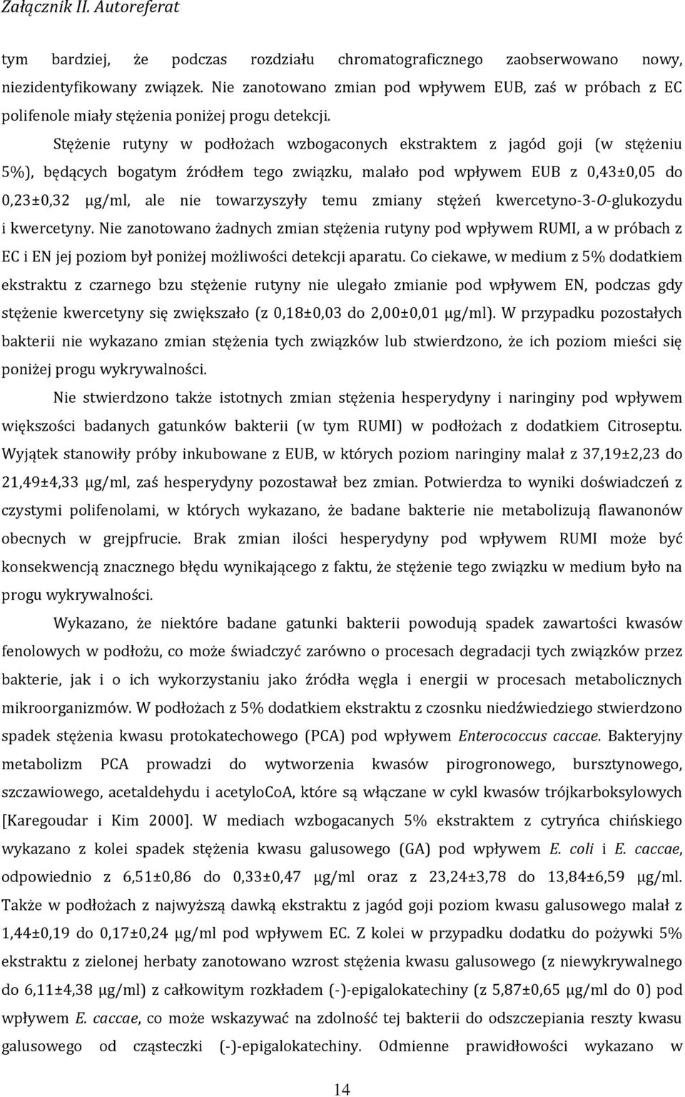 Stężenie rutyny w podłożach wzbogaconych ekstraktem z jagód goji (w stężeniu 5%), będących bogatym źródłem tego związku, malało pod wpływem EUB z 0,43±0,05 do 0,23±0,32 µg/ml, ale nie towarzyszyły