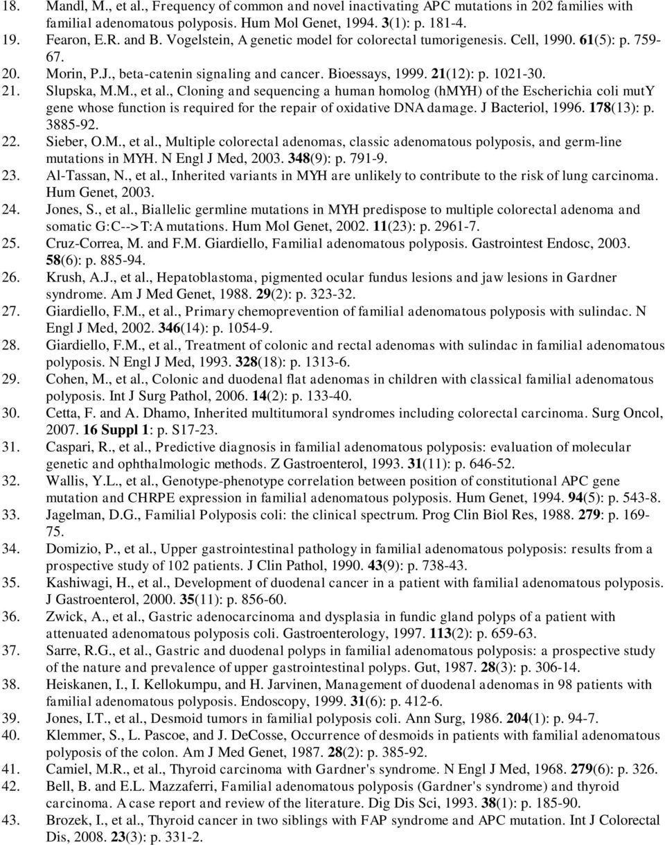 , Cloning and sequencing a human homolog (hmyh) of the Escherichia coli muty gene whose function is required for the repair of oxidative DNA damage. J Bacteriol, 1996. 178(13): p. 3885-92. 22.