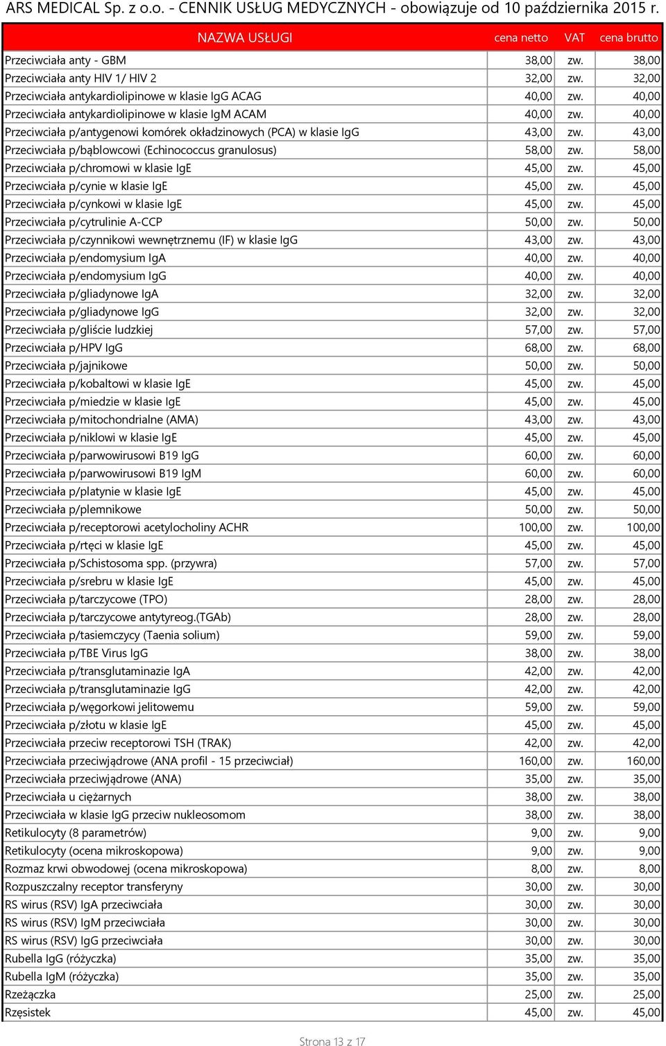 43,00 Przeciwciała p/bąblowcowi (Echinococcus granulosus) 58,00 zw. 58,00 Przeciwciała p/chromowi w klasie IgE 45,00 zw. 45,00 Przeciwciała p/cynie w klasie IgE 45,00 zw.