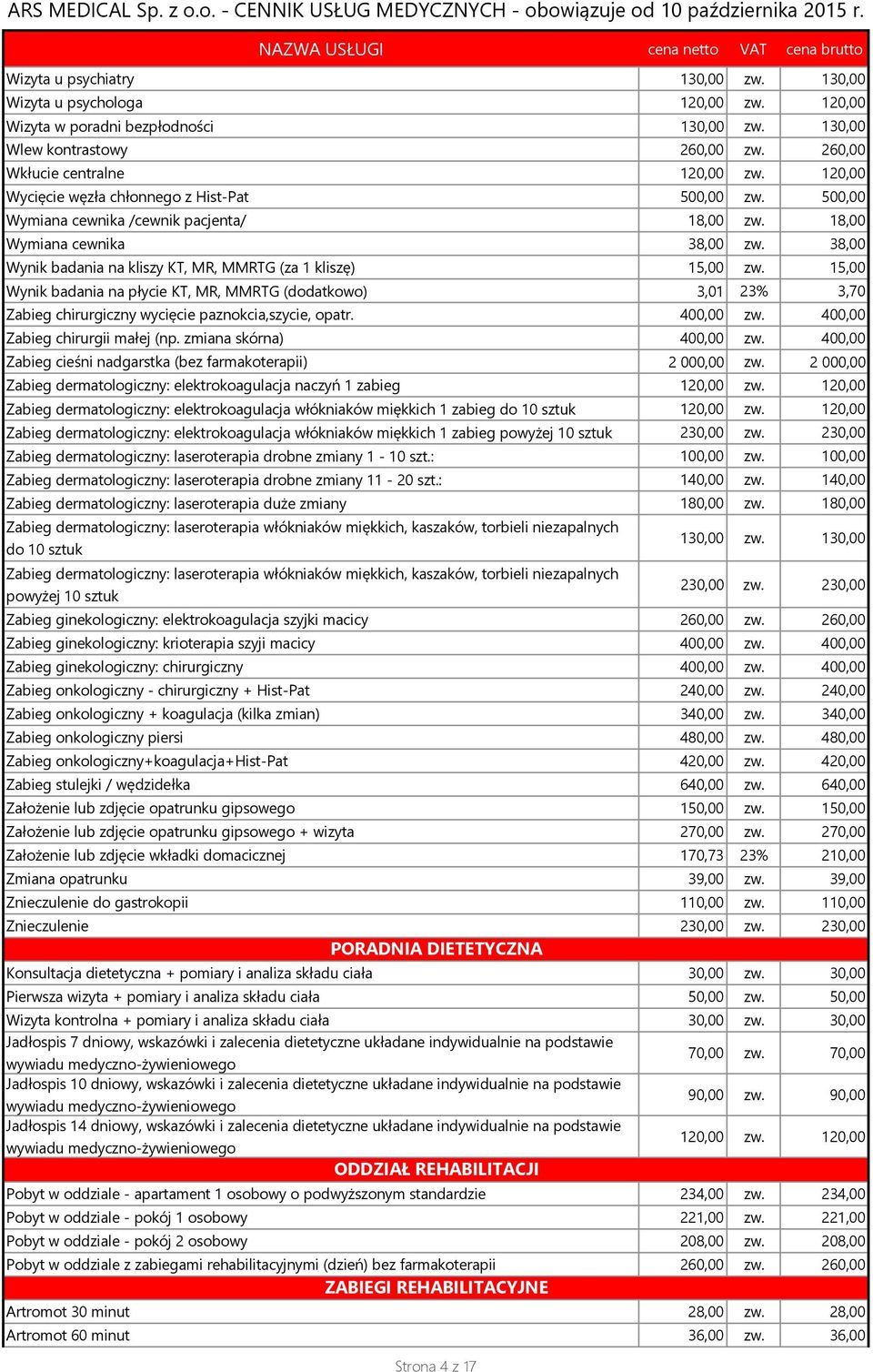 38,00 Wynik badania na kliszy KT, MR, MMRTG (za 1 kliszę) 15,00 zw. 15,00 Wynik badania na płycie KT, MR, MMRTG (dodatkowo) 3,01 23% 3,70 Zabieg chirurgiczny wycięcie paznokcia,szycie, opatr.