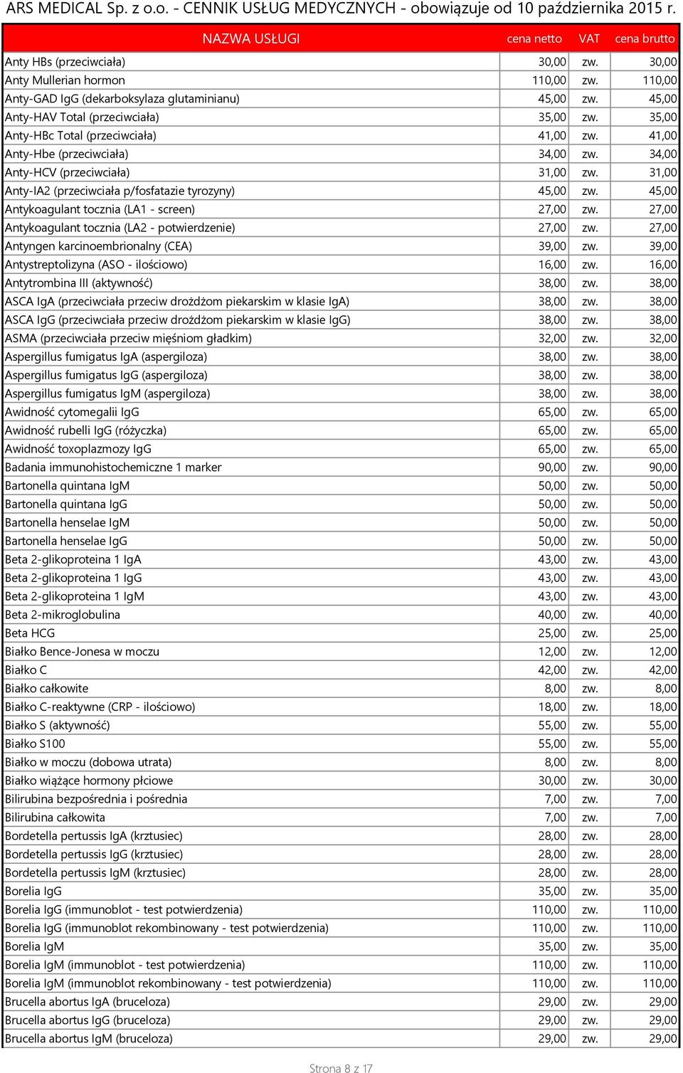 45,00 Antykoagulant tocznia (LA1 - screen) 27,00 zw. 27,00 Antykoagulant tocznia (LA2 - potwierdzenie) 27,00 zw. 27,00 Antyngen karcinoembrionalny (CEA) 39,00 zw.