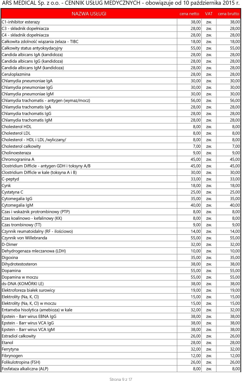 28,00 Ceruloplazmina 28,00 zw. 28,00 Chlamydia pneumoniae IgA 30,00 zw. 30,00 Chlamydia pneumoniae IgG 30,00 zw. 30,00 Chlamydia pneumoniae IgM 30,00 zw.