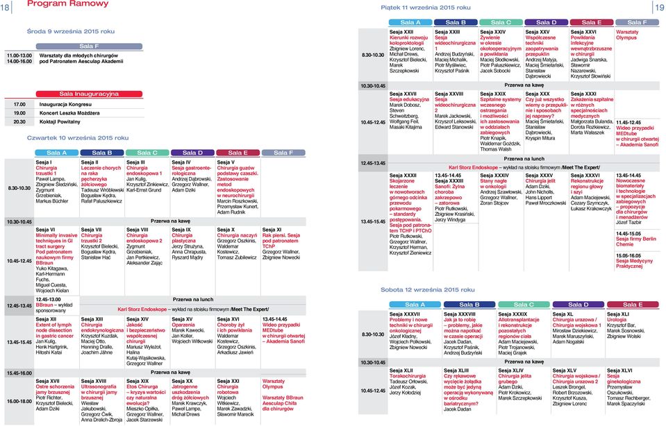 30 Sala Inauguracyjna Czwartek 10 września 2015 roku Sesja I trzustki 1 Paweł Lampe, Zbigniew Śledziński, Zygmunt Grzebieniak, Markus Büchler Sesja II Sesja III Leczenie chorych na raka pęcherzyka