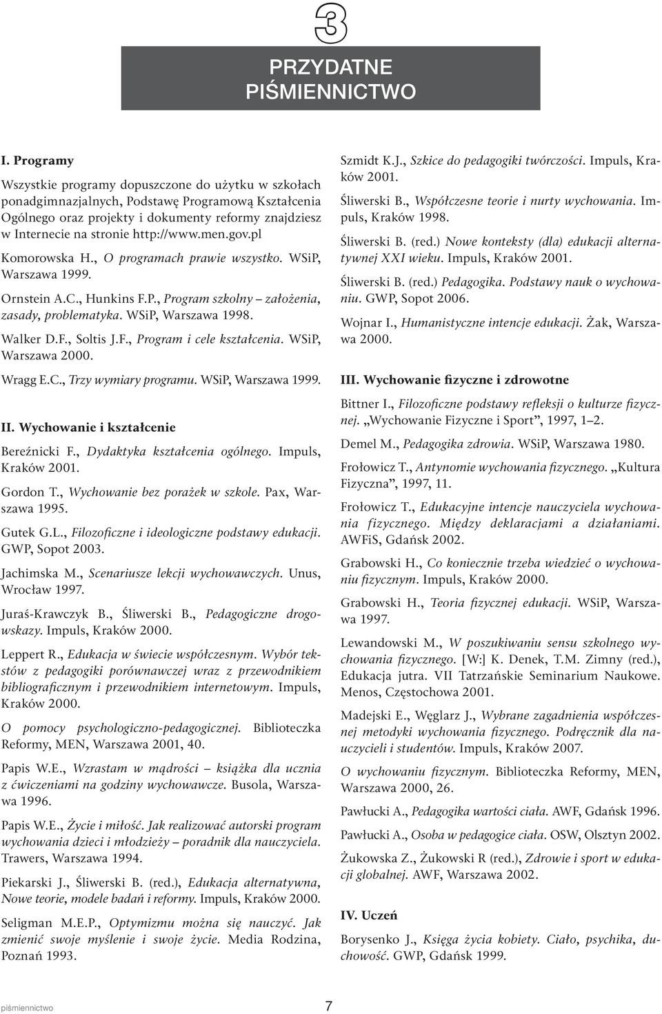 http://www.men.gov.pl Komorowska H., O programach prawie wszystko. WSiP, Warszawa 1999. Ornstein A.C., Hunkins F.P., Program szkolny założenia, zasady, problematyka. WSiP, Warszawa 1998. Walker D.F., Soltis J.