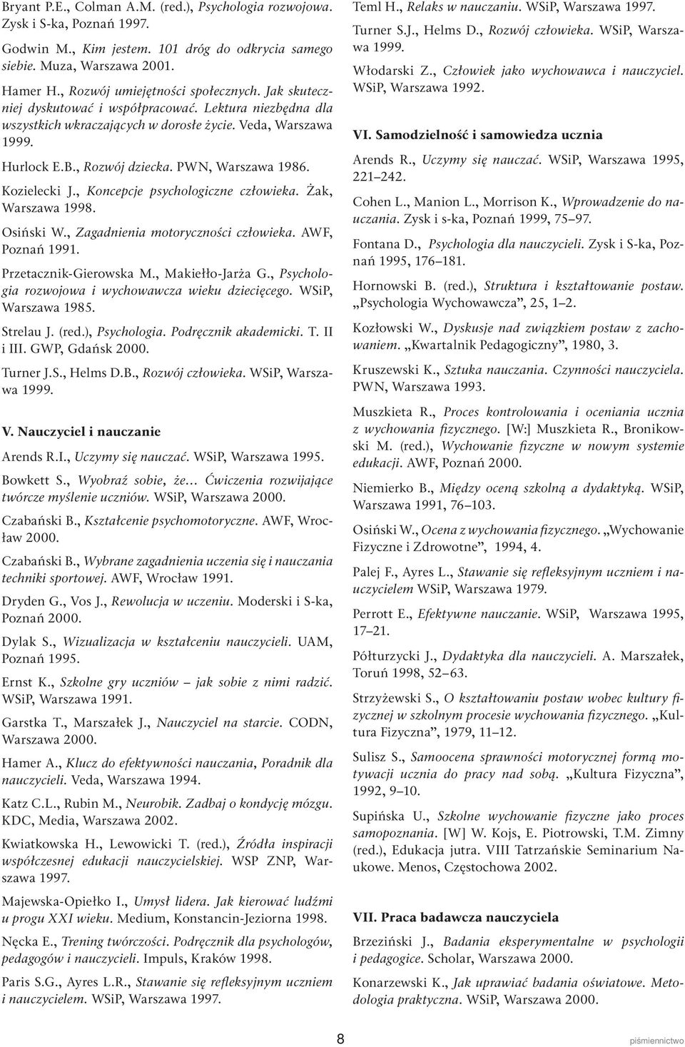 PWN, Warszawa 1986. Kozielecki J., Koncepcje psychologiczne człowieka. Żak, Warszawa 1998. Osiński W., Zagadnienia motoryczności człowieka. AWF, Poznań 1991. Przetacznik-Gierowska M.