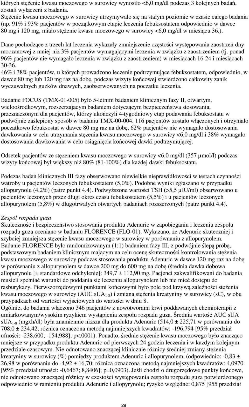 91% i 93% pacjentów w początkowym etapie leczenia febuksostatem odpowiednio w dawce 80 mg i 120 mg, miało stężenie kwasu moczowego w surowicy <6,0 mg/dl w miesiącu 36.).