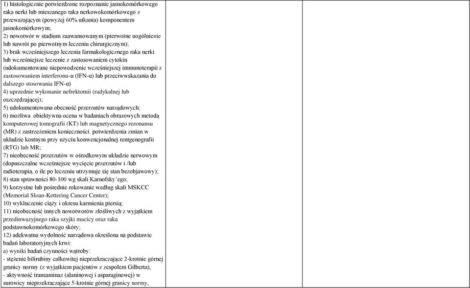 (udokumentowane niepowodzenie wcześniejszej immunoterapii z zastosowaniem interferonu-α (IFN-α) lub przeciwwskazania do dalszego stosowania IFN-α) 4) uprzednie wykonanie nefrektomii (radykalnej lub