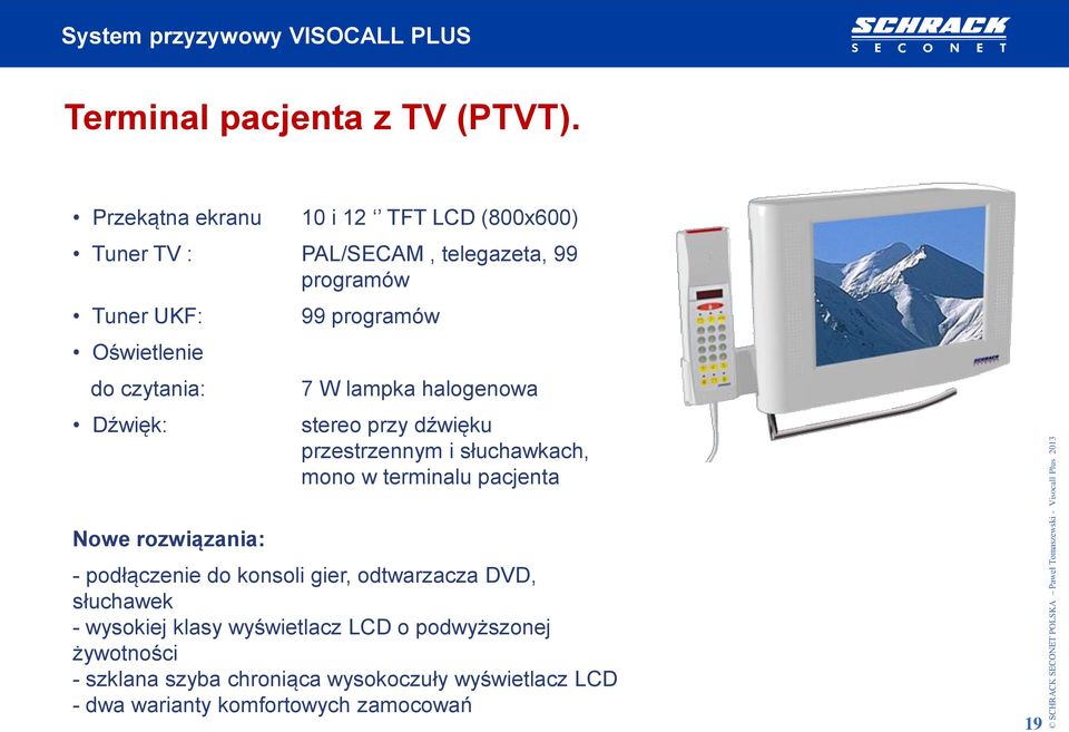 Dźwięk: 99 programów 7 W lampka halogenowa stereo przy dźwięku przestrzennym i słuchawkach, mono w terminalu pacjenta Nowe