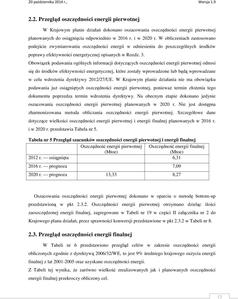 Obowiązek podawania ogólnych informacji dotyczących oszczędności energii pierwotnej odnosi się do środków efektywności energetycznej, które zostały wprowadzone lub będą wprowadzane w celu wdroŝenia