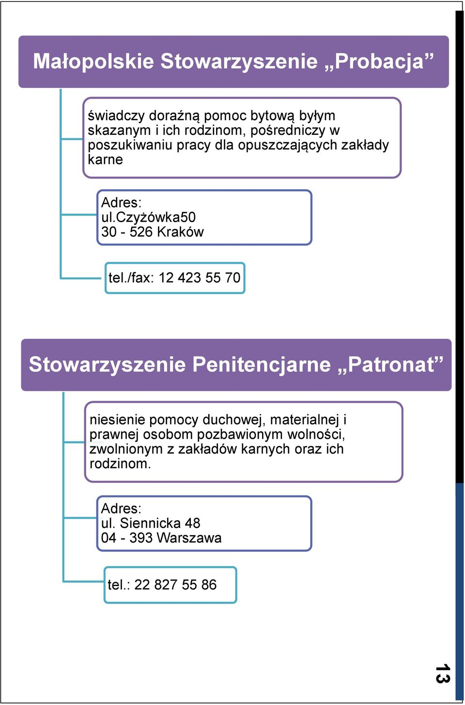 /fax: 12 423 55 70 Stowarzyszenie Penitencjarne Patronat niesienie pomocy duchowej, materialnej i prawnej