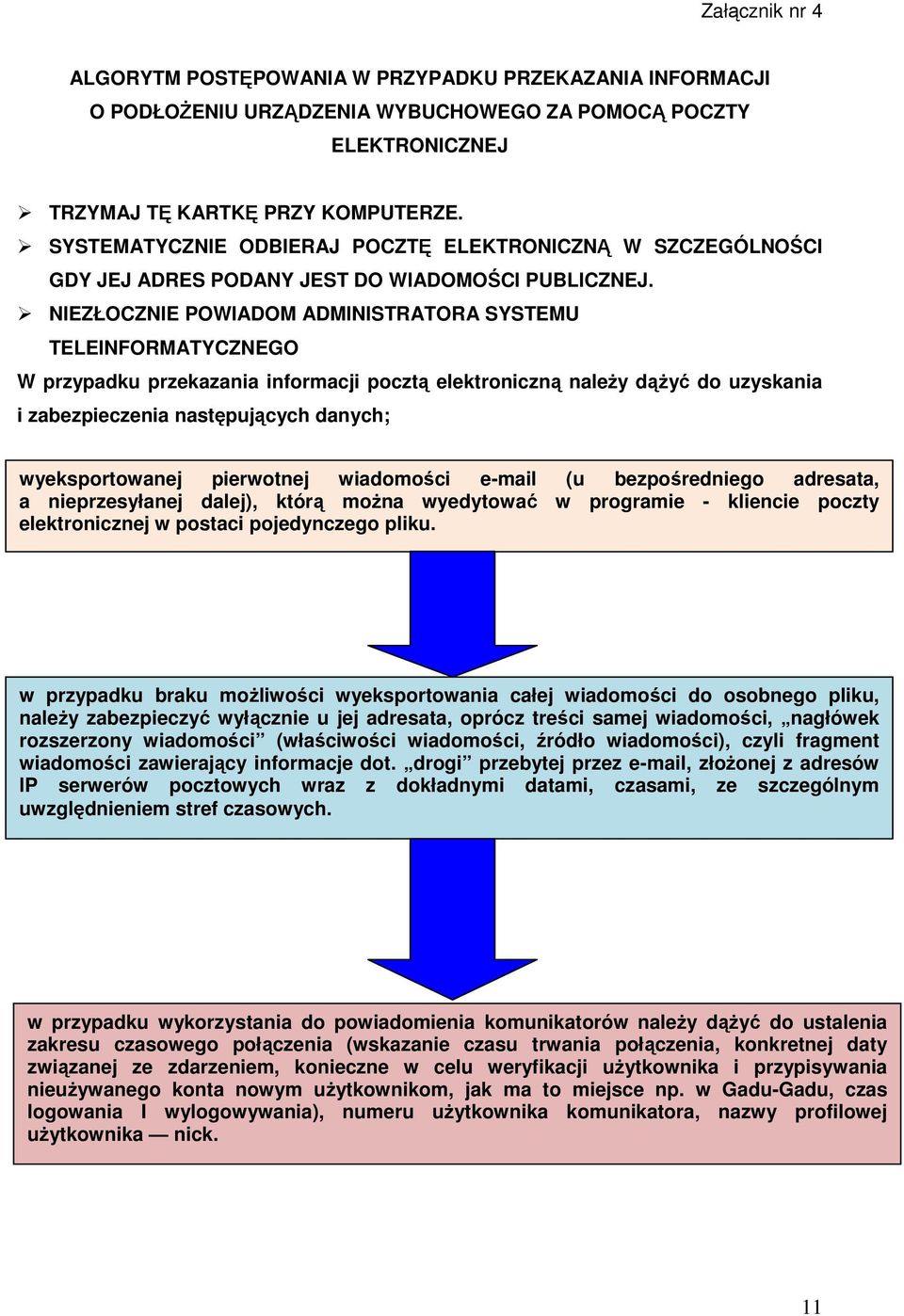 NIEZŁOCZNIE POWIADOM ADMINISTRATORA SYSTEMU TELEINFORMATYCZNEGO W przypadku przekazania informacji pocztą elektroniczną należy dążyć do uzyskania i zabezpieczenia następujących danych;