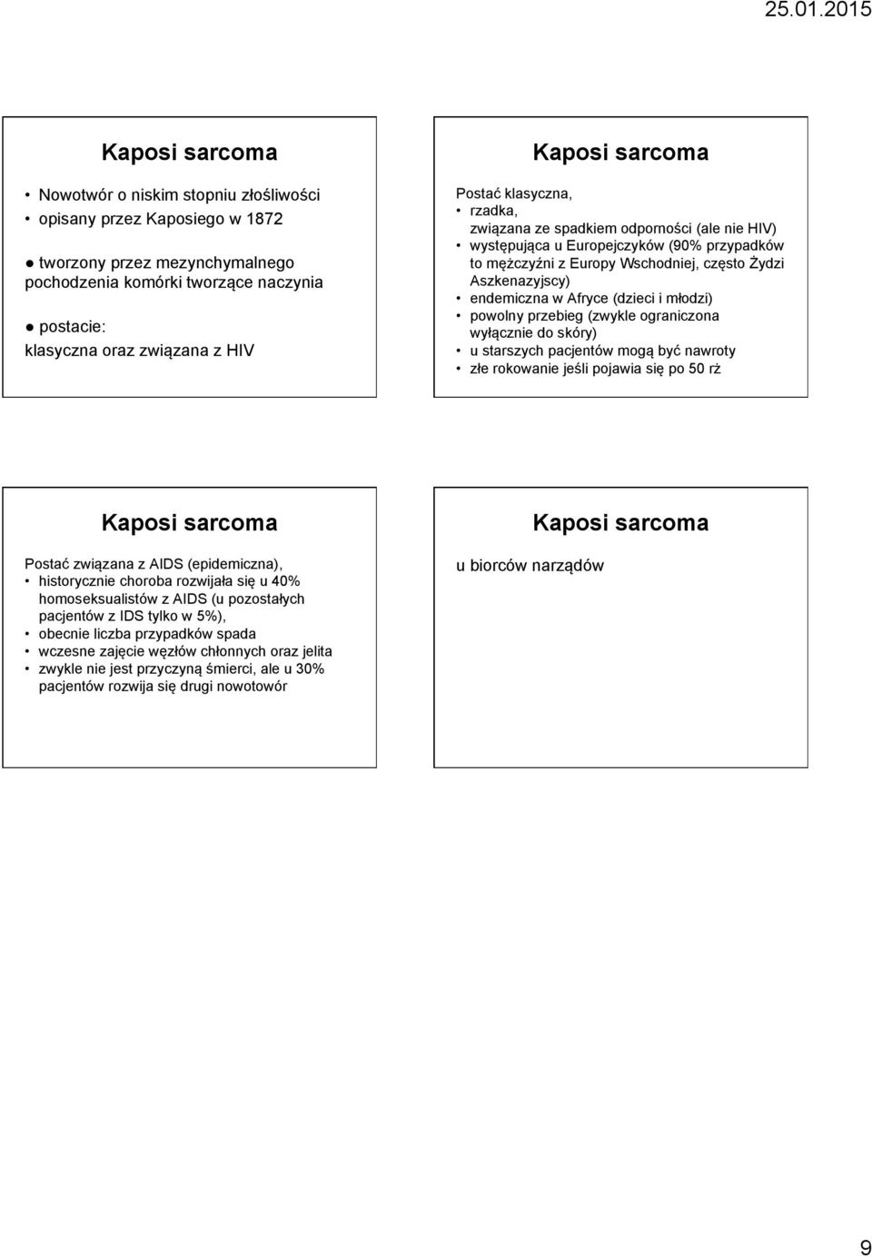 Afryce (dzieci i młodzi) powolny przebieg (zwykle ograniczona wyłącznie do skóry) u starszych pacjentów mogą być nawroty złe rokowanie jeśli pojawia się po 50 rż Kaposi sarcoma Postać związana z AIDS