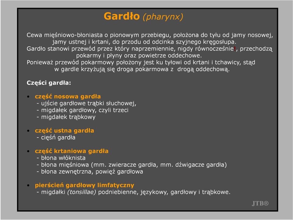 PoniewaŜ przewód pokarmowy połoŝony jest ku tyłowi od krtani i tchawicy, stąd w gardle krzyŝują się droga pokarmowa z drogą oddechową.