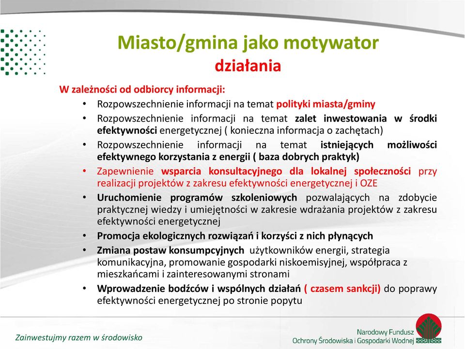 Zapewnienie wsparcia konsultacyjnego dla lokalnej społeczności przy realizacji projektów z zakresu efektywności energetycznej i OZE Uruchomienie programów szkoleniowych pozwalających na zdobycie