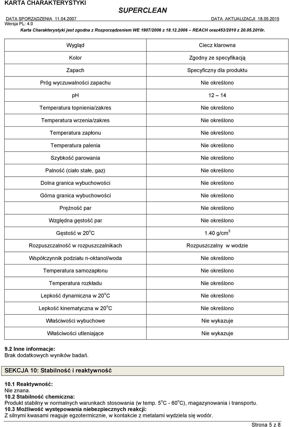 40 g/cm 3 Rozpuszczalność w rozpuszczalnikach Współczynnik podziału n-oktanol/woda Temperatura samozapłonu Temperatura rozkładu Lepkość dynamiczna w 20 o C Lepkość kinematyczna w 20 o C Właściwości