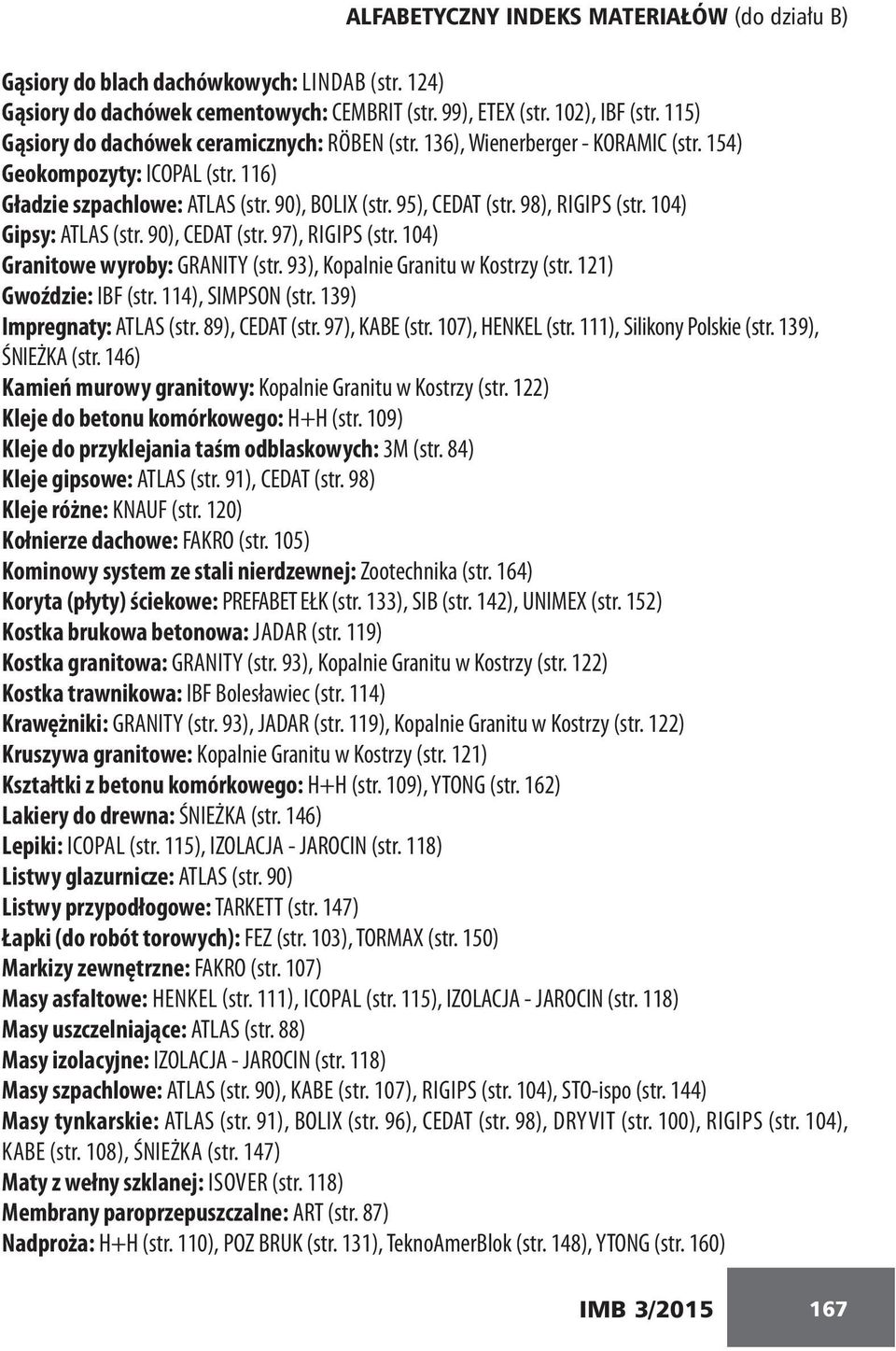 98), RIGIPS (str. 104) Gipsy: ATLAS (str. 90), CEDAT (str. 97), RIGIPS (str. 104) Granitowe wyroby: GRANITY (str. 93), Kopalnie Granitu w Kostrzy (str. 121) Gwoździe: IBF (str. 114), SIMPSON (str.