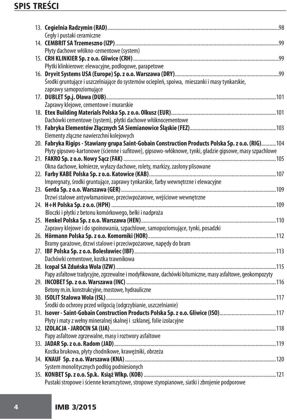 ..99 Środki gruntujące i uszczelniające do systemów ociepleń, spoiwa, mieszanki i masy tynkarskie, zaprawy samopoziomujące 17. DUBLET Sp.j. Oława (DUB)...101 Zaprawy klejowe, cementowe i murarskie 18.