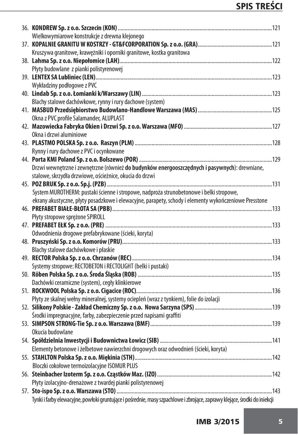 ..123 Wykładziny podłogowe z PVC 40. Lindab Sp. z o.o. Łomianki k/warszawy (LIN)...123 Blachy stalowe dachówkowe, rynny i rury dachowe (system) 41.